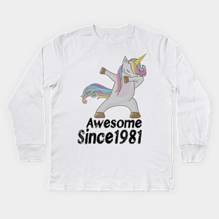 38th Birthday Gift Awesome Since 1981 Unicorn Dabbing Kids Long Sleeve T-Shirt